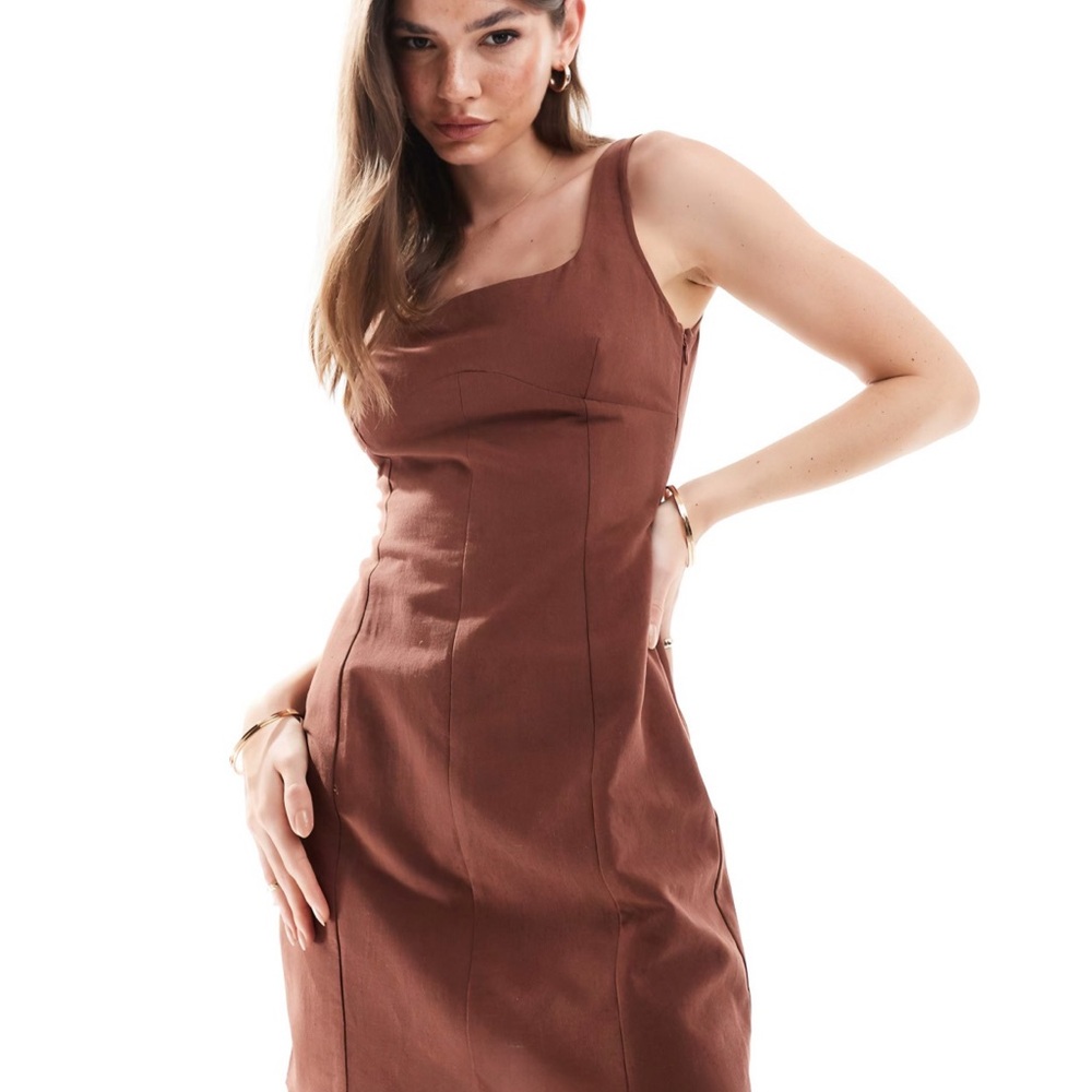 Elegant Brown Linen Look Sleeveless Dress